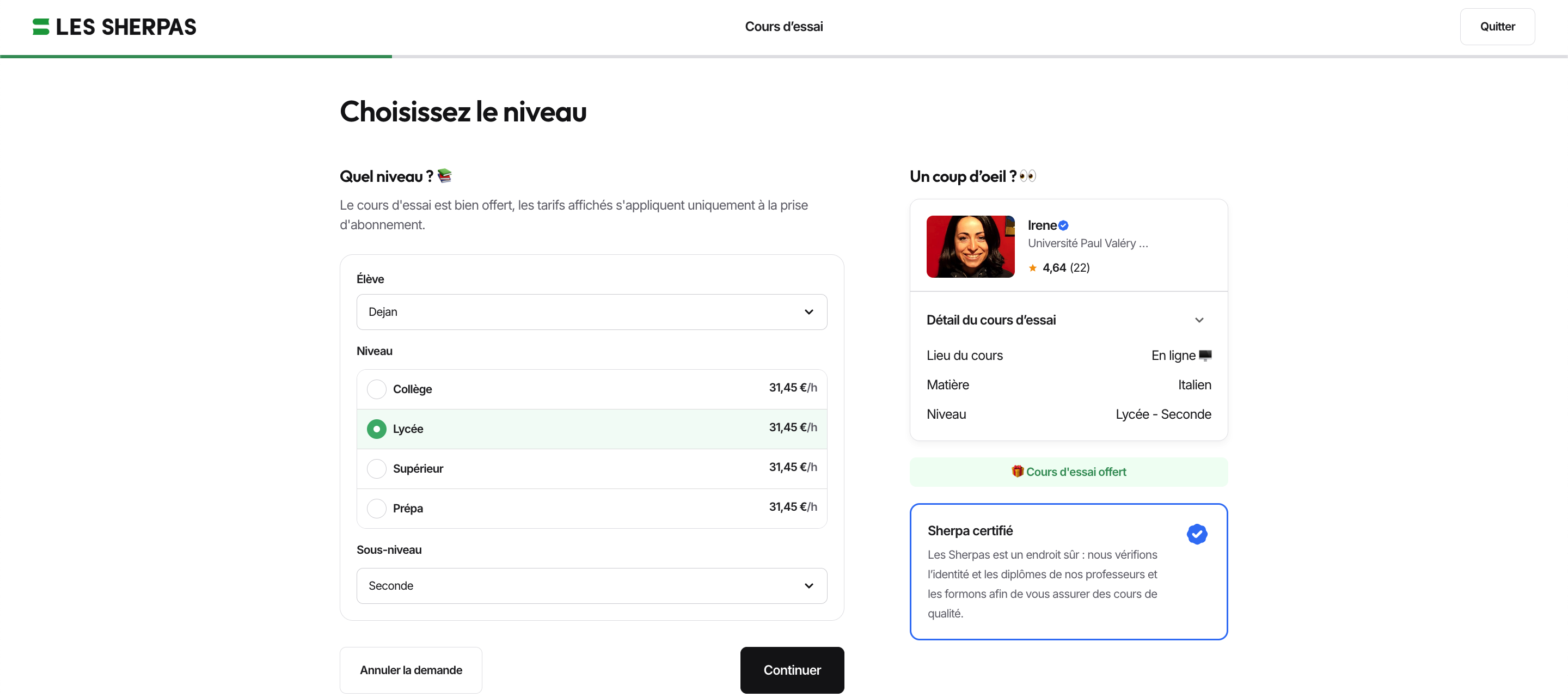 Choix du niveau scolaire pour la prise de cours chez Les Sherpas