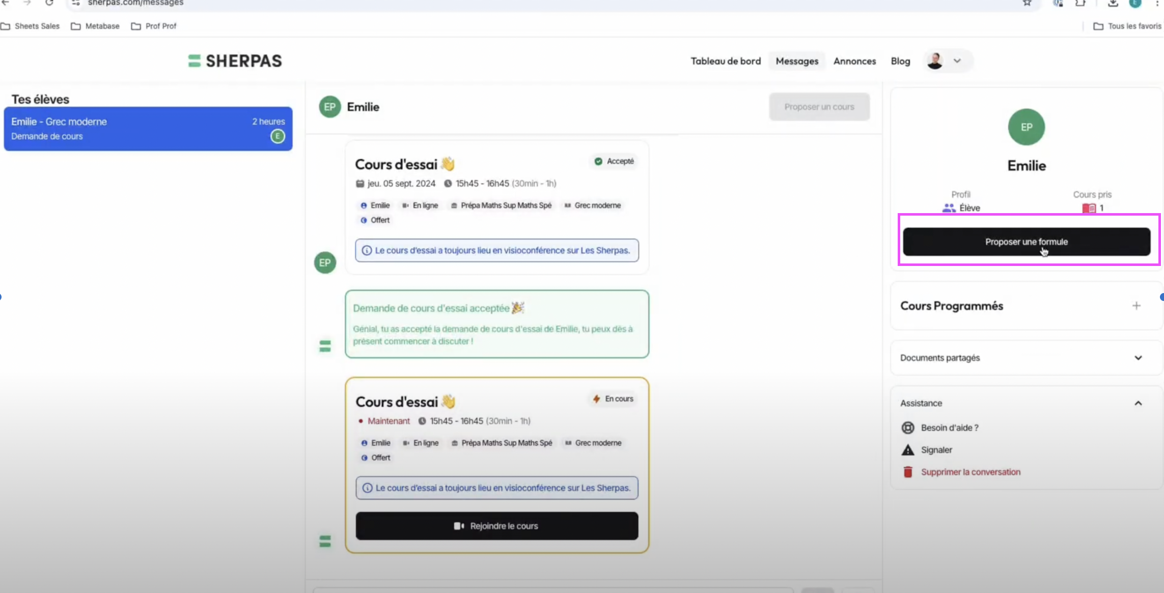Proposer une formule de cours particulier chez Les Sherpas