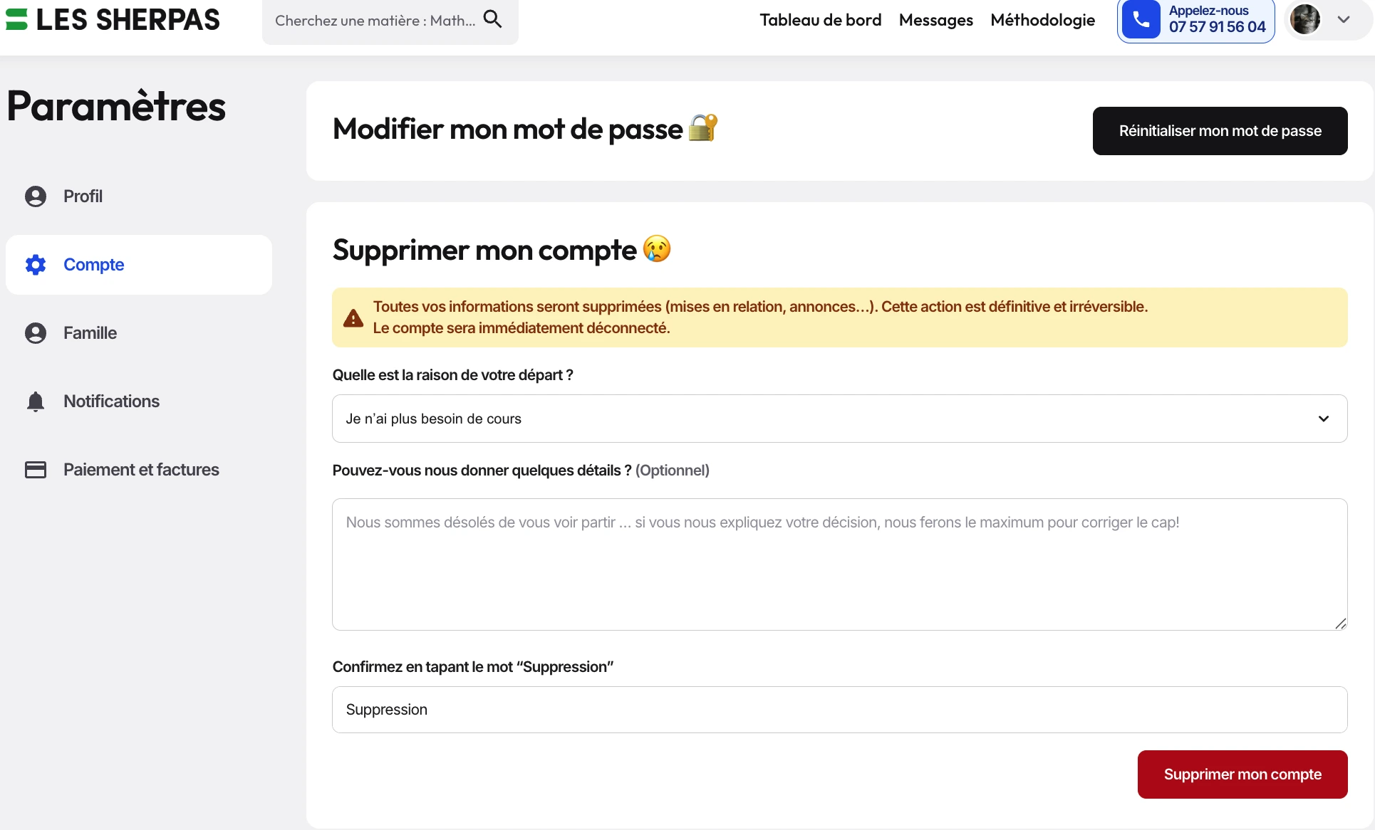 Supprimer mon compte Les Sherpas